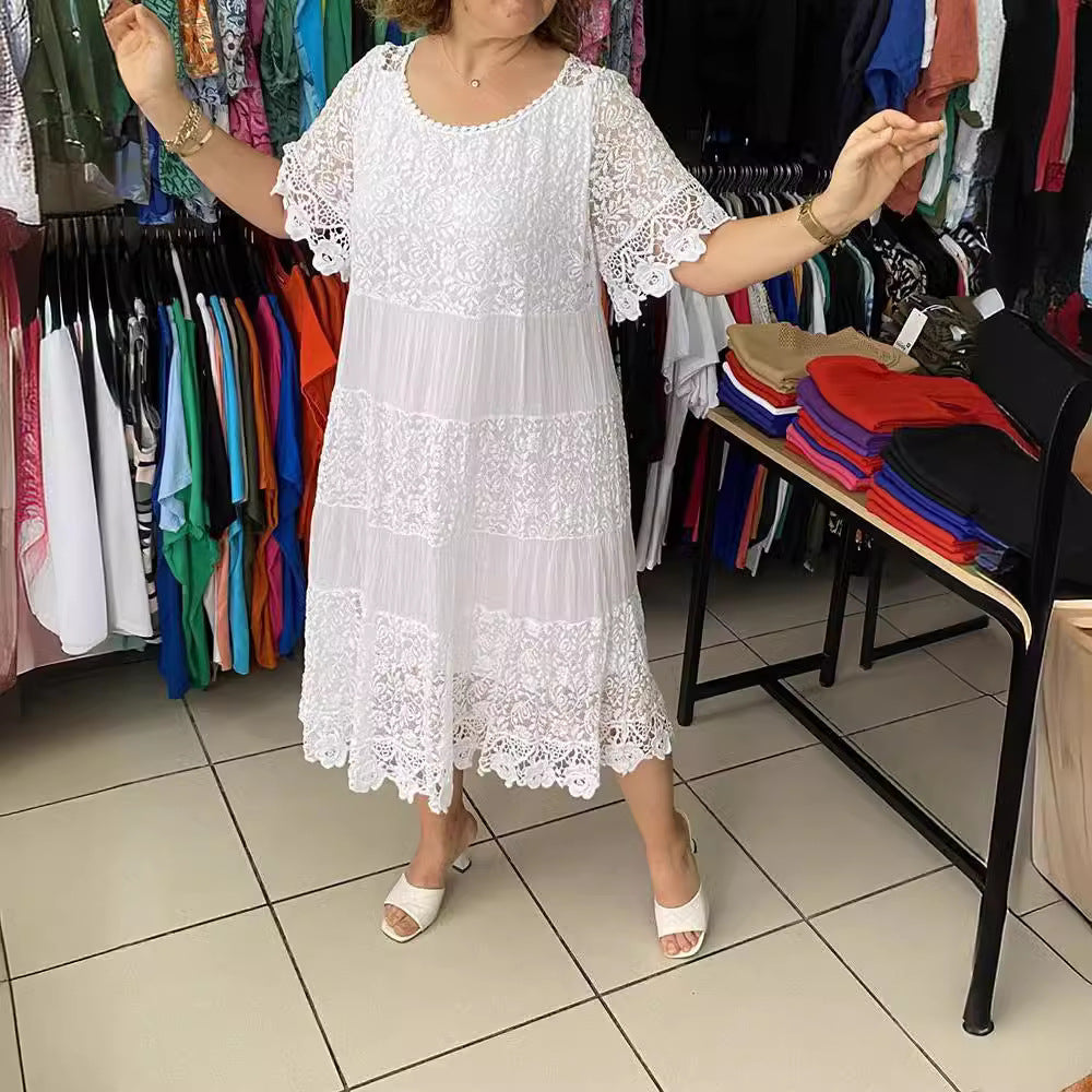 🌺👗【S-5XL】Nowa koronkowa sukienka z krótkim rękawem i okrągłym dekoltem