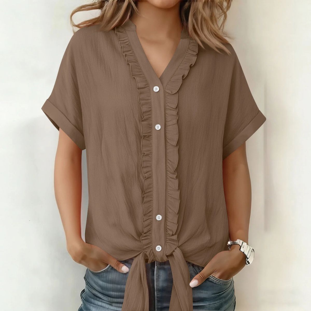 👚Νέο μοντέρνο γυναικείο casual μονόχρωμο πουκάμισο με V ντεκολτέ και βολάν