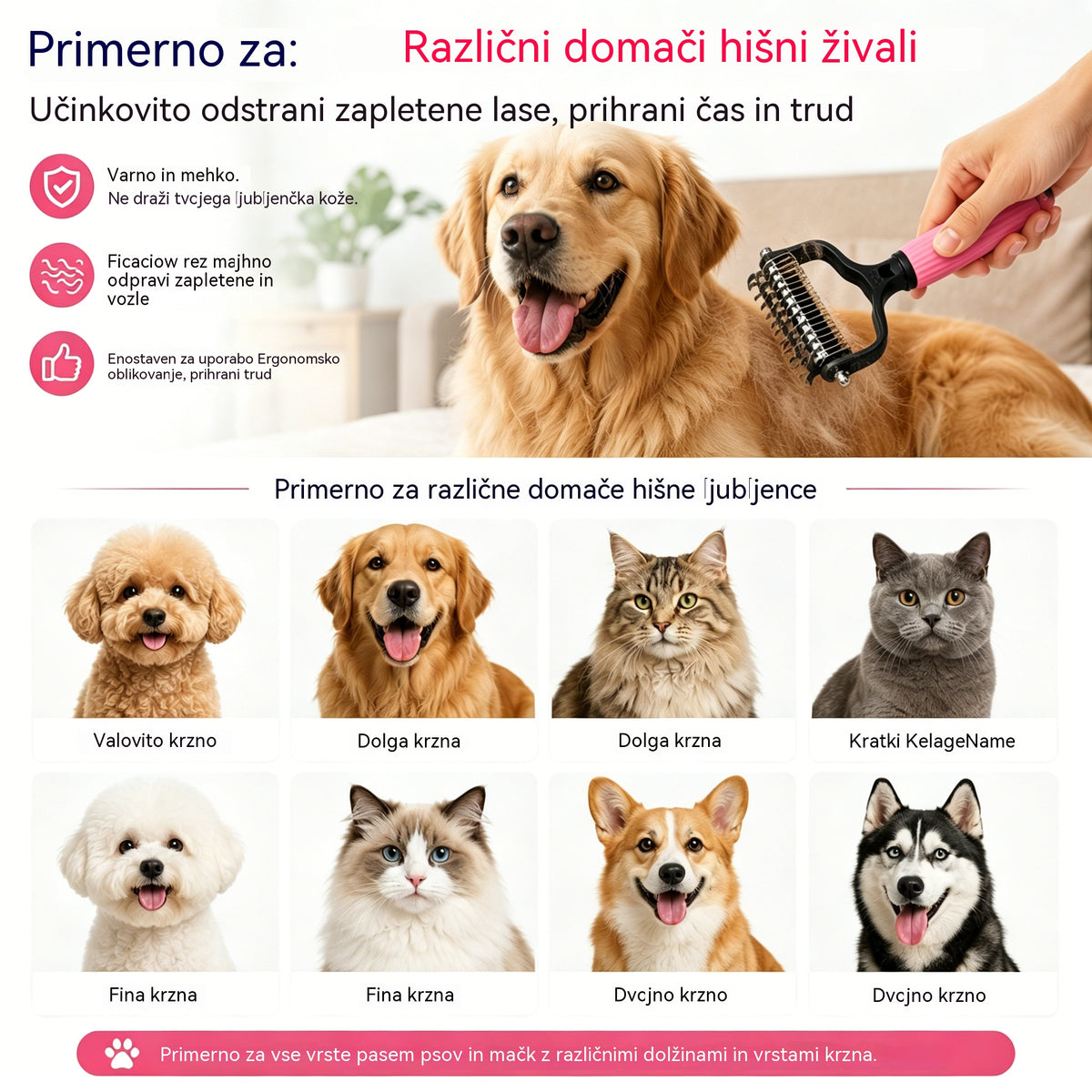 🐱🐕🐈 Večnamenski glavnik 3 v 1 za razvozlavanje dlake hišnih ljubljenčkov, glavnik za odstranjevanje dlake pri psih in mačkah.