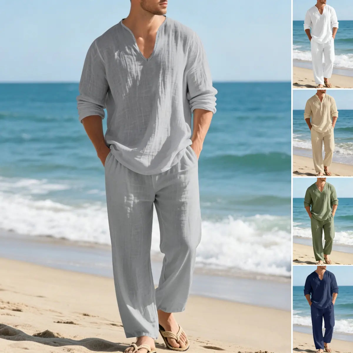🌴50% popust🔥【Top + hlače】Moška sproščena lanena obleka z ohlapnim krojem in V-izrezom za na plažo. ✅️Plačilo ob dostavi