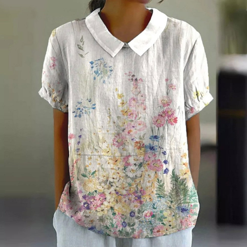 💐🌈T-shirt z krótkim rękawem z bawełny i lnu z kwiatowym nadrukiem