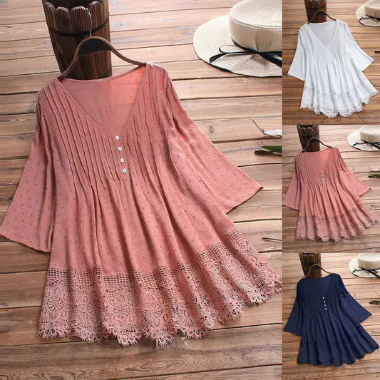 【S-5XL】👚Żakardowa plisowana koszula z koronką i dekoltem w serek🌺【50-120KG】