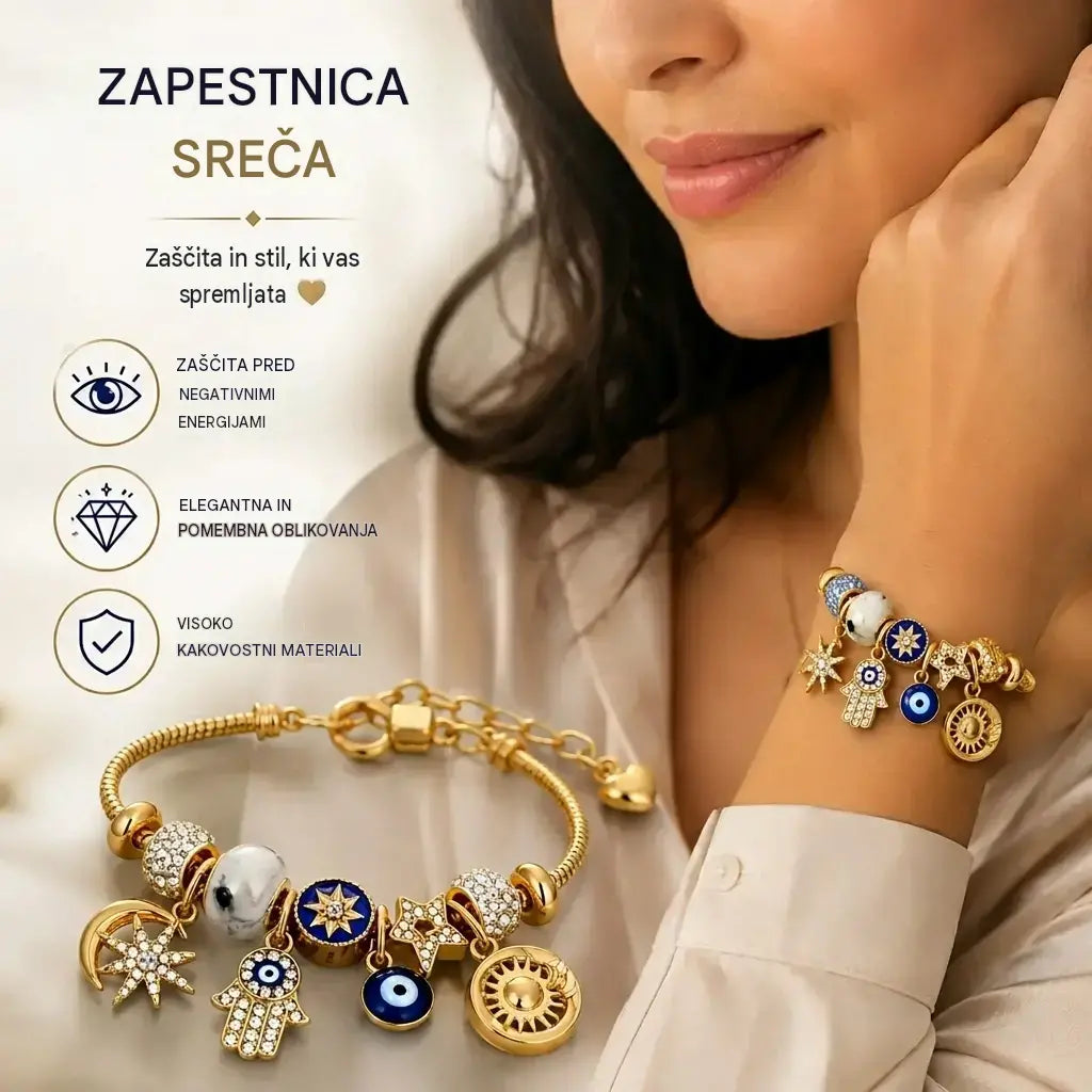 Ženska zapestnica z vzorcem zvezdnega neba | Luna, roka Hamsa, zlobno oko in drevo življenja