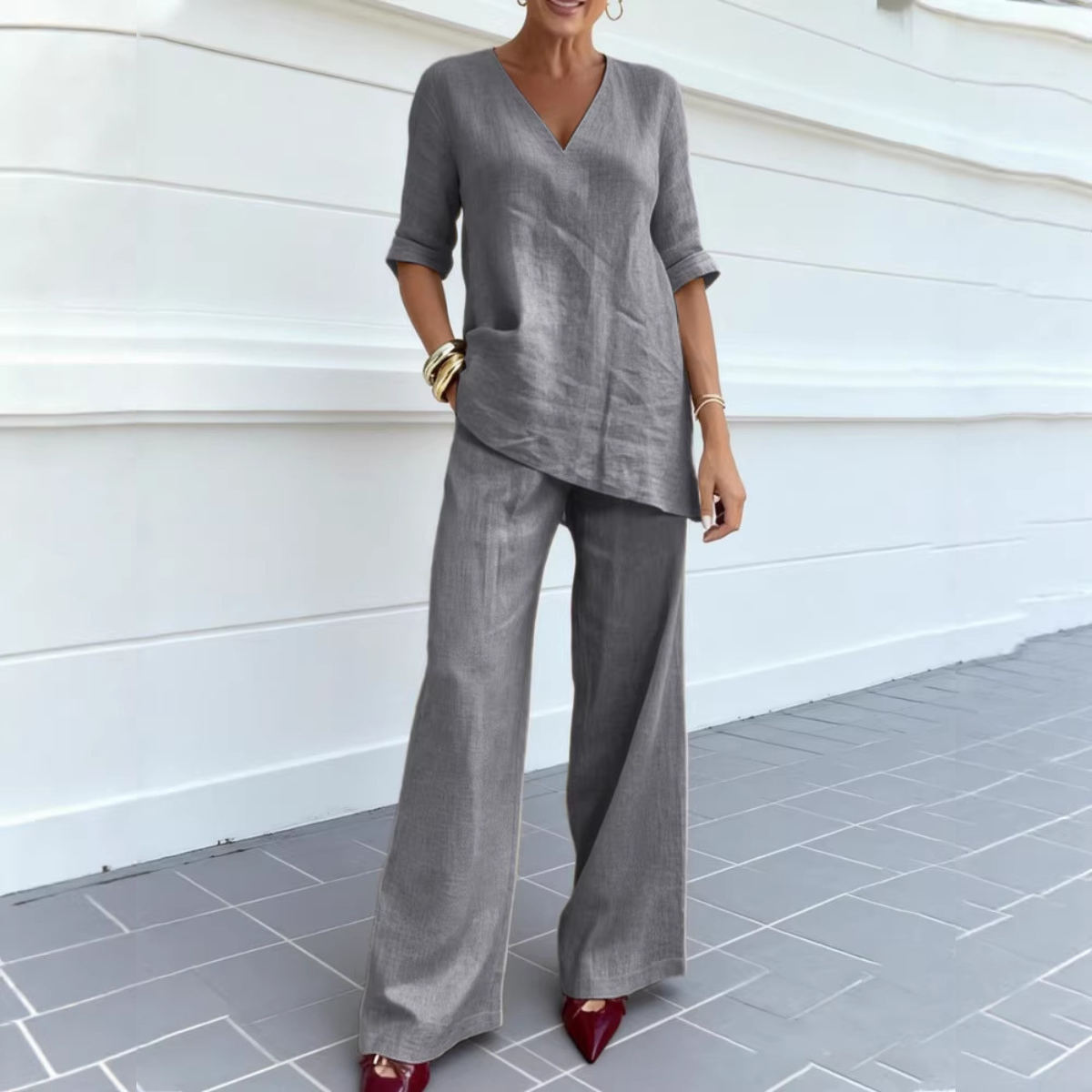 ❤️Drugi komplet -50%💥【40-100kg】2026 Bawełniano-lniany zestaw: koszulka V-neck + spodnie proste ✅Płatność za pobraniem