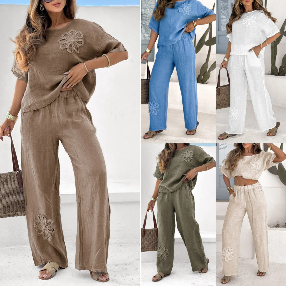 【40-120 kg】【S-5XL】👩‍💼Elegancki dwuczęściowy komplet damski z haftowanymi kwiatami【Top + Spodnie】
