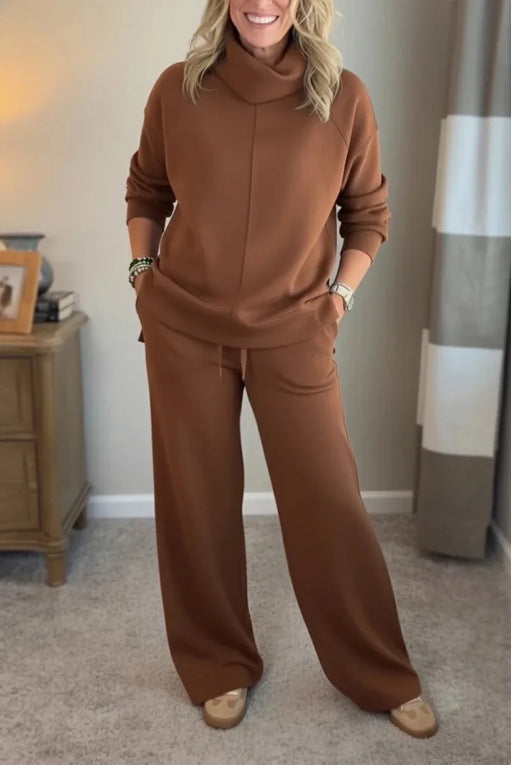 Sweter z wysokim golfem w stylu minimalistycznym + proste spodnie casualowe
