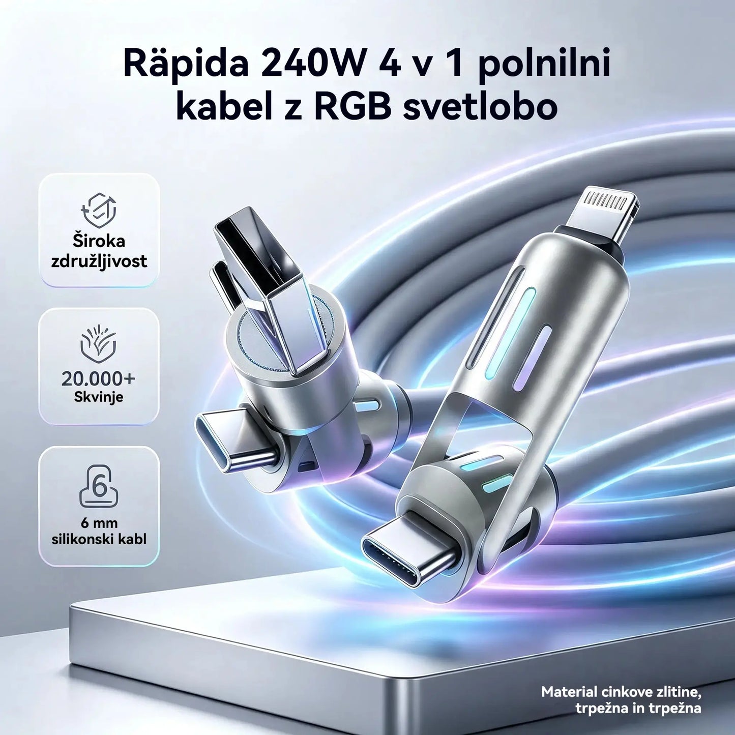 🔥 【2 kosa za 24 evrov】 🔥 (dolžina 2 metra) 4-v-1 kabel PD 240 W – hitro polnjenje USB‑C, Lightning in USB‑A, aluminij in silikon, sinhronizacija podatkov ⚡📱
