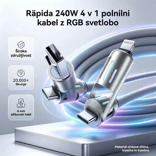 🔥 【2 kosa za 24 evrov】 🔥 (dolžina 2 metra) 4-v-1 kabel PD 240 W – hitro polnjenje USB‑C, Lightning in USB‑A, aluminij in silikon, sinhronizacija podatkov ⚡📱