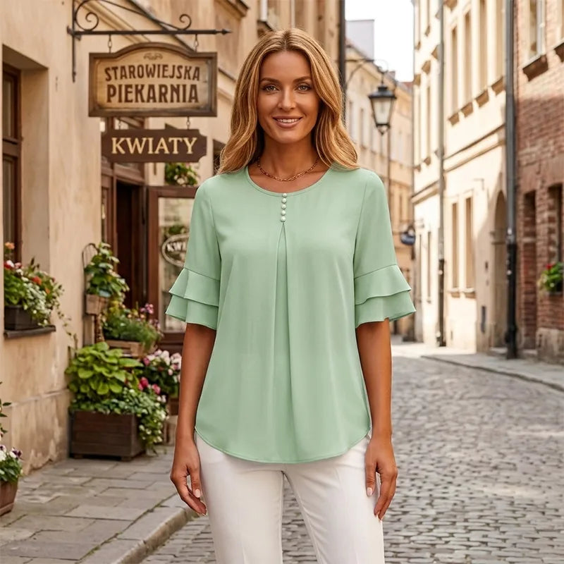 Elegancka bluzka z szyfonu z bufiastymi rękawami dla kobiet | Koszula biurowa na co dzień z ozdobnymi guzikami, luźny i zwiewny krój