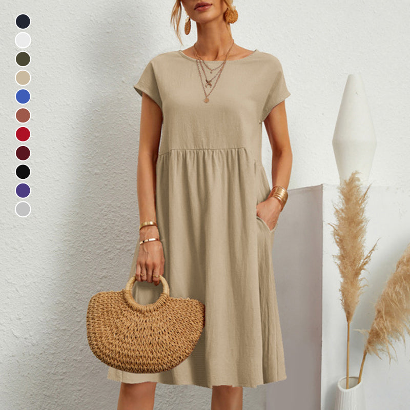 😍【Promocja na zmianę sezonu】👗【Rozmiary S-5XL】 Damska sukienka lniano-bawełniana nowość 2026, z dekoltem okrągłym, wygodnym krojem