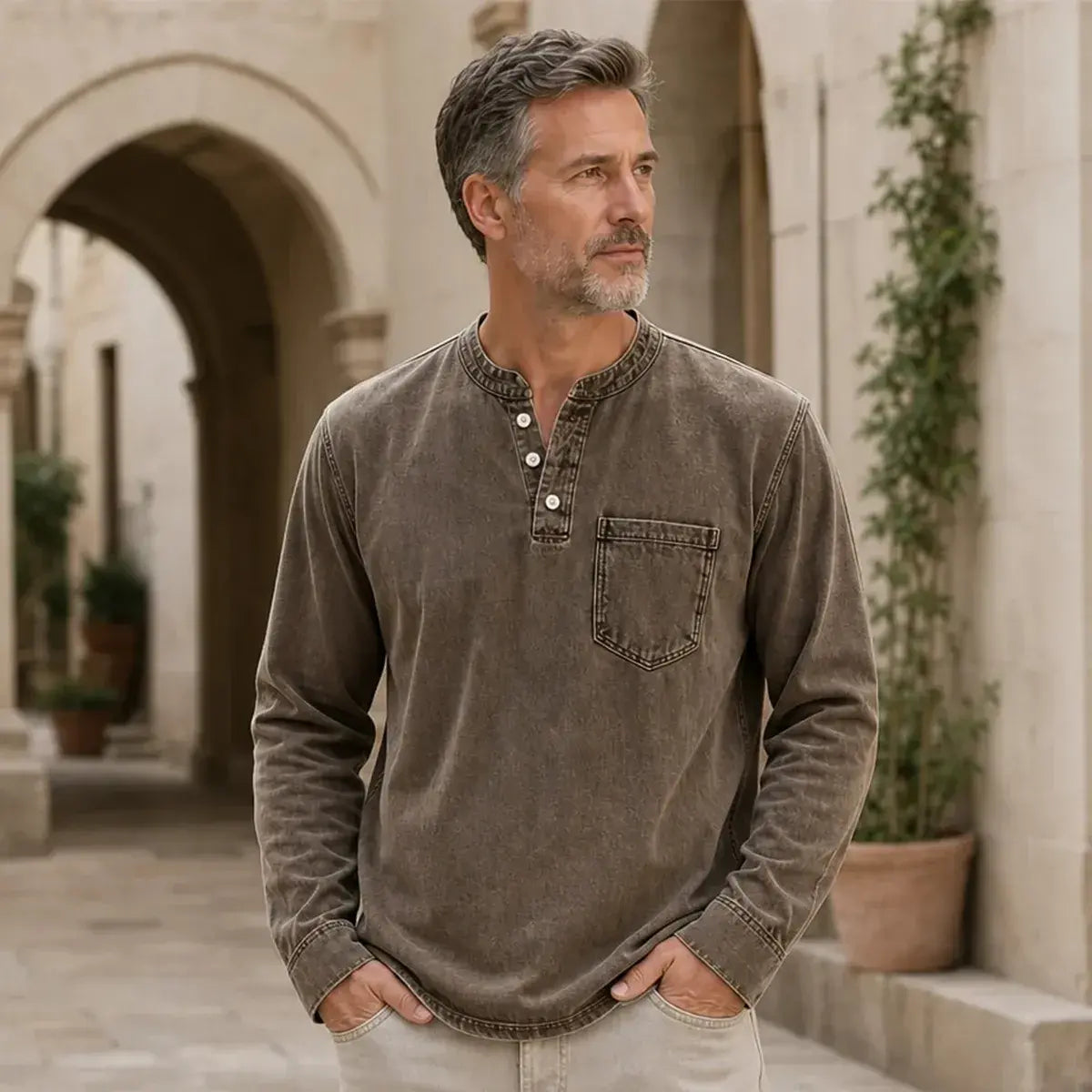 👔 Męska koszulka Henley z długim rękawem i kieszonką na piersi | Klasyczny styl casual ✨