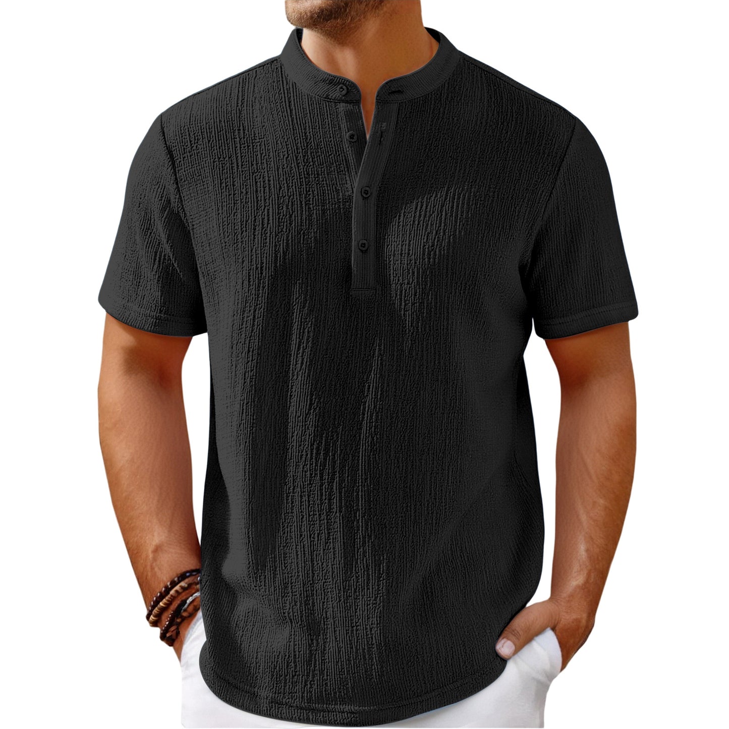 【S-4XL】Męski T-shirt o efektownej fakturze i dekolcie typu Henley – wygodny i stylowy na co dzień