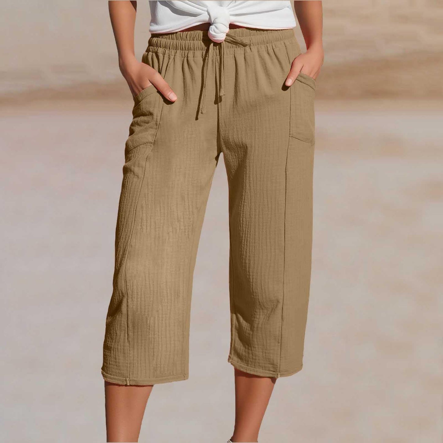 🌸【40-100kg】Damskie gładkie spodnie typu cropped, plisowane, z bawełny i lnu