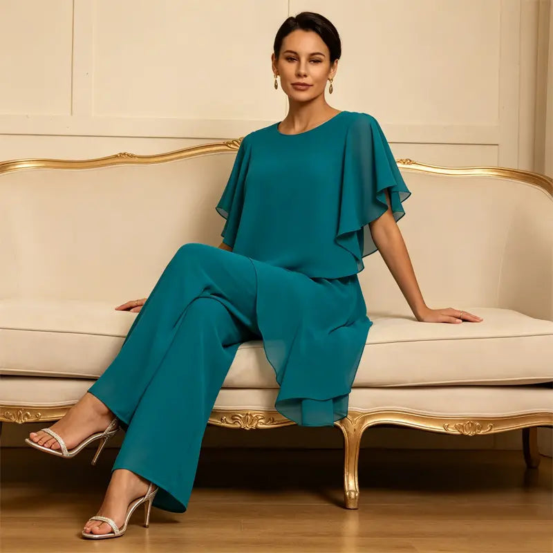 【S-3XL】Elegante Conjunto de Chifón: Top Asimétrico με Volantes y Pantalón Ancho – Look Sofisticado para Eventos