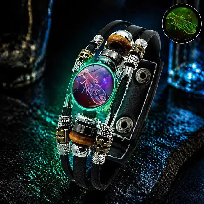 🌙 Svetleča usnjena zapestnica z zodiakalnim simbolom – 3-plastna pletenica, nastavljiva dolžina, unisex 💫✨