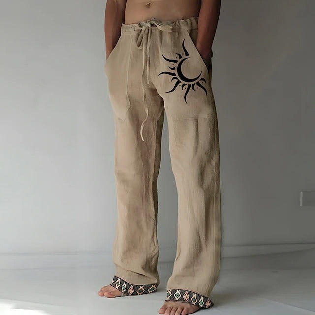 👖🌙【50% zniżki 🔥】【S–6XL】Nowe męskie spodnie z bawełny i lnu z księżycowym wzorem, luźny krój z szerokimi prostymi nogawkami, duże rozmiary