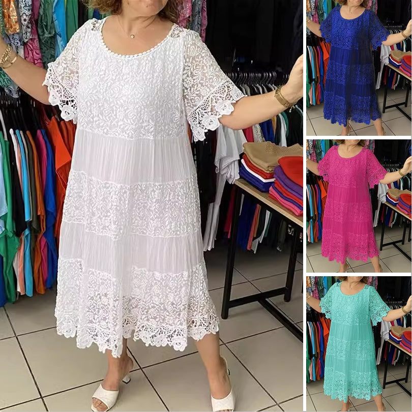🌺👗【S-5XL】Nowa koronkowa sukienka z krótkim rękawem i okrągłym dekoltem