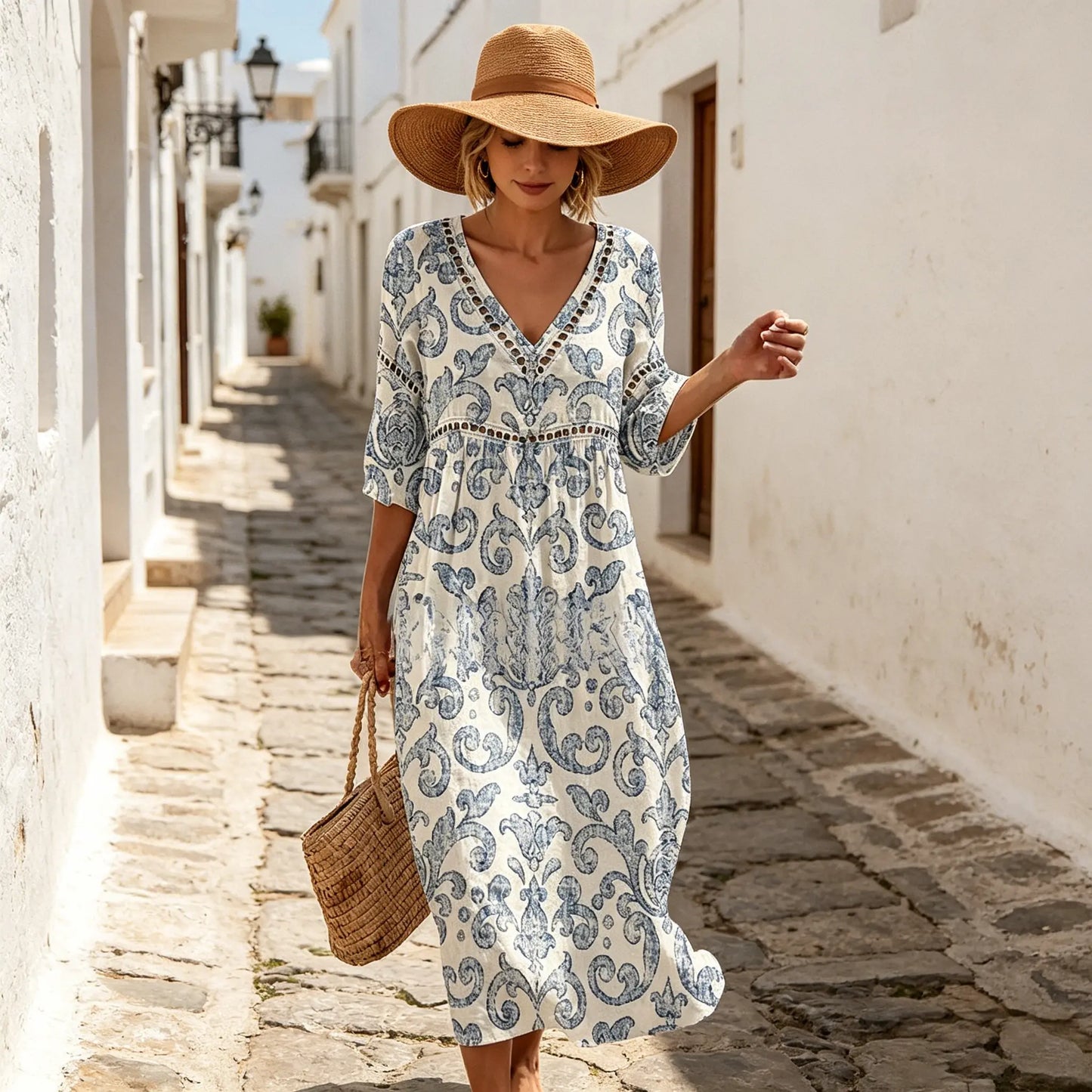 Vestido largo de algodón y lino con estampado floral, estilo veraniego, escote en V, cintura definida.