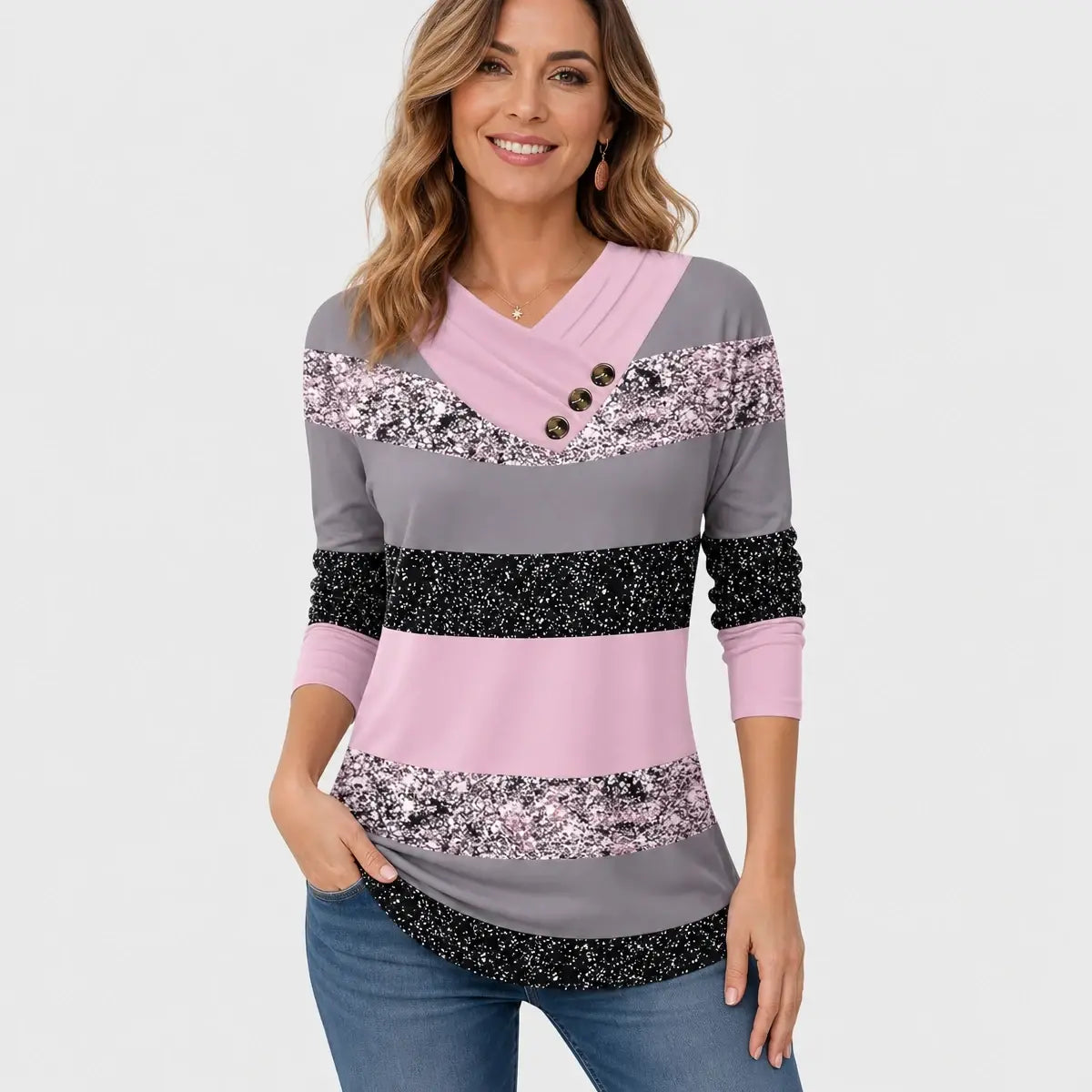✨🔥 Zadnji dan - 50 % popusta 【S–5XL】 Ženski novi jesensko-zimski top z barvno kontrastnim dizajnom, V-izrezom in oprijetim krojem, dolgimi rokavi