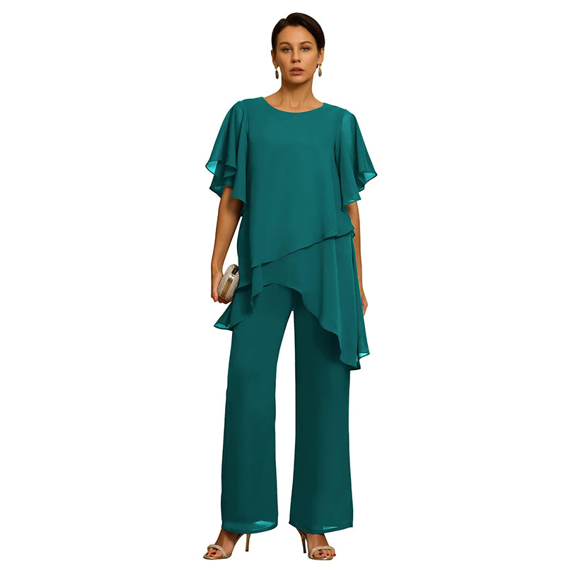 【S-3XL】Elegante Conjunto de Chifón: Top Asimétrico με Volantes y Pantalón Ancho – Look Sofisticado para Eventos