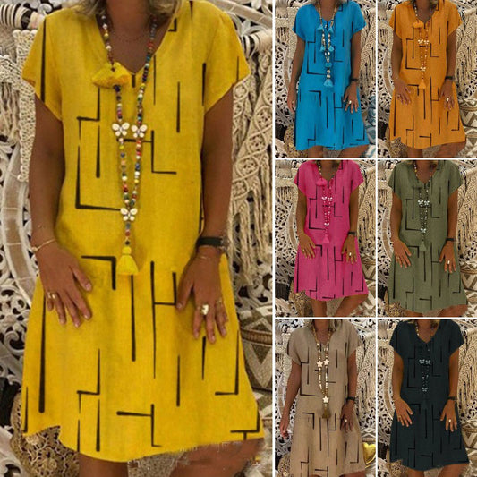 😍🌲【Wyprzedaż sezonowa】👗【S–5XL】Nowa sukienka z bawełny i lnu z dekoltem w serek i nadrukiem – obniżona cena
