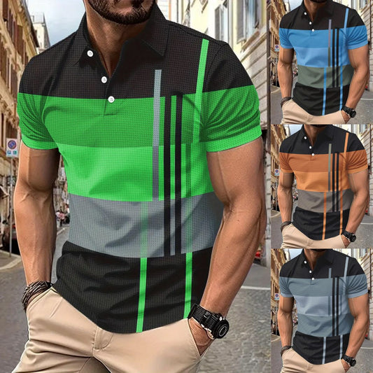 💥Εποχιακή προσφορά 👕Ανδρική μπλούζα Polo με ρίγες, κοντό μανίκι και γιακά (S-5XL)