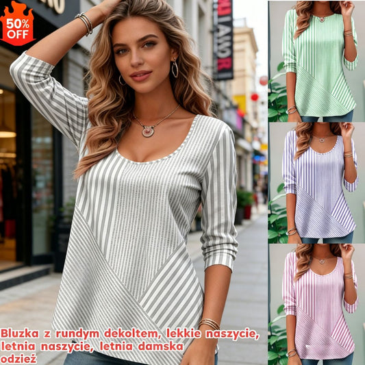✨👚【S-5XL】🔥Nowa koszulka w paski z okrągłym dekoltem na wiosnę/lato 2026, wygodna i swobodna