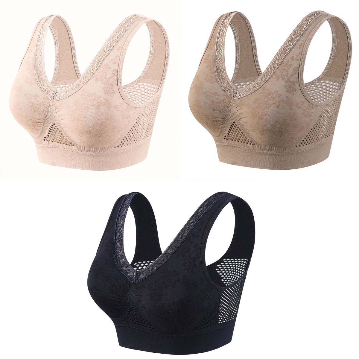 😍❤️40-120 kg【Paquete de 3】✨Sujetador de encaje sin aros para mujer, alta sujeción