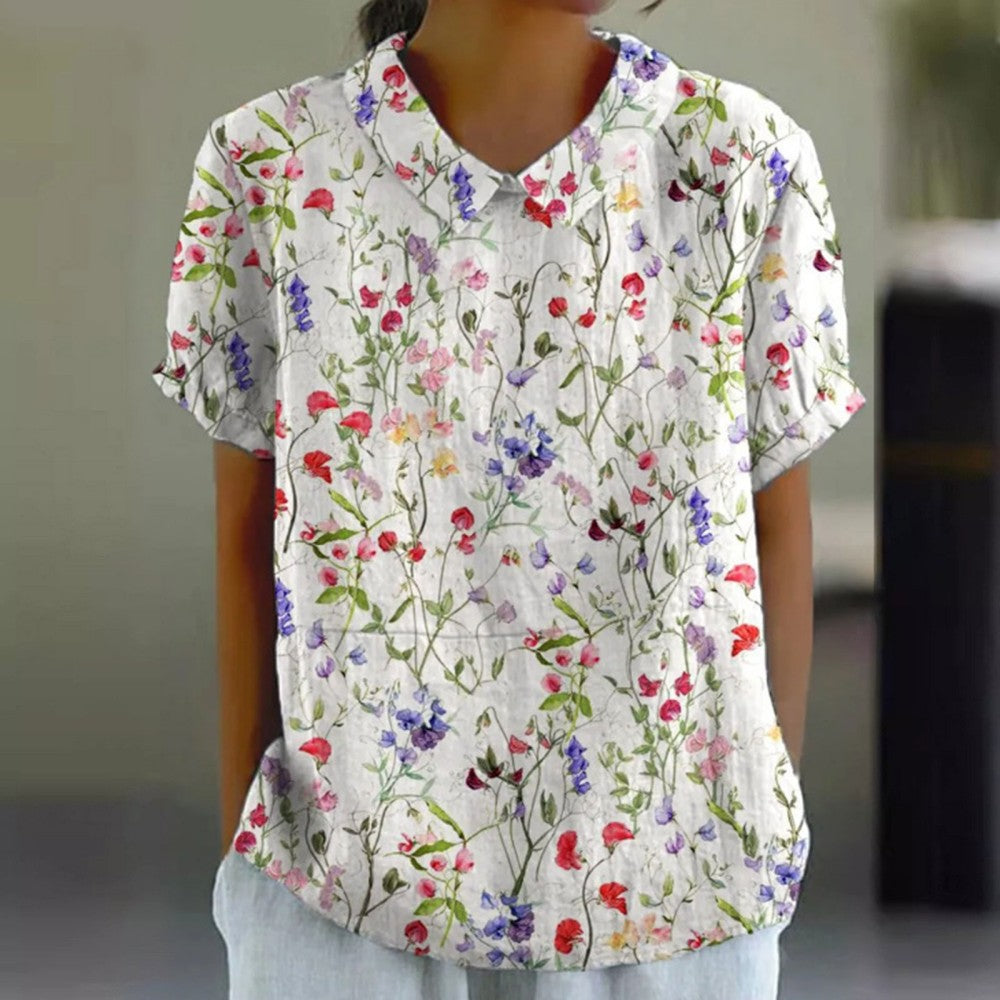 💐🌈T-shirt z krótkim rękawem i bawełnianą lnianą nadrukiem w kwiaty