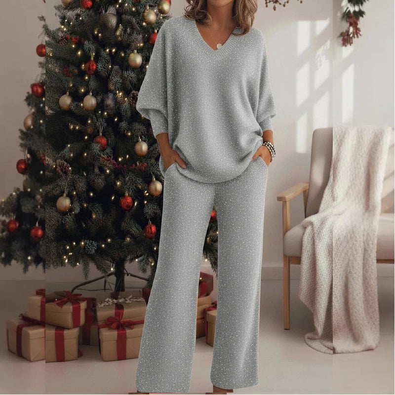 ✨✨【S-4XL】Jesienno-zimowy błyszczący dwuczęściowy komplet bluzowy z długimi rękawami i dekoltem w serek