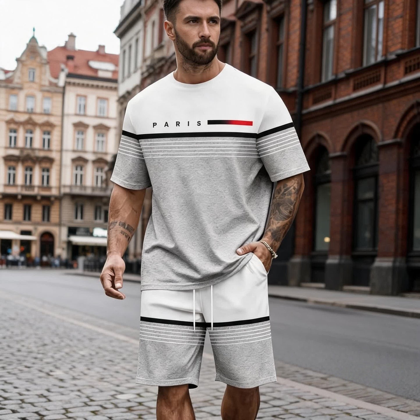 【S-5XL】Pánská ležérní a pohodlná souprava s košilí s krátkým rukávem a kraťasy s tištěným nápisem.