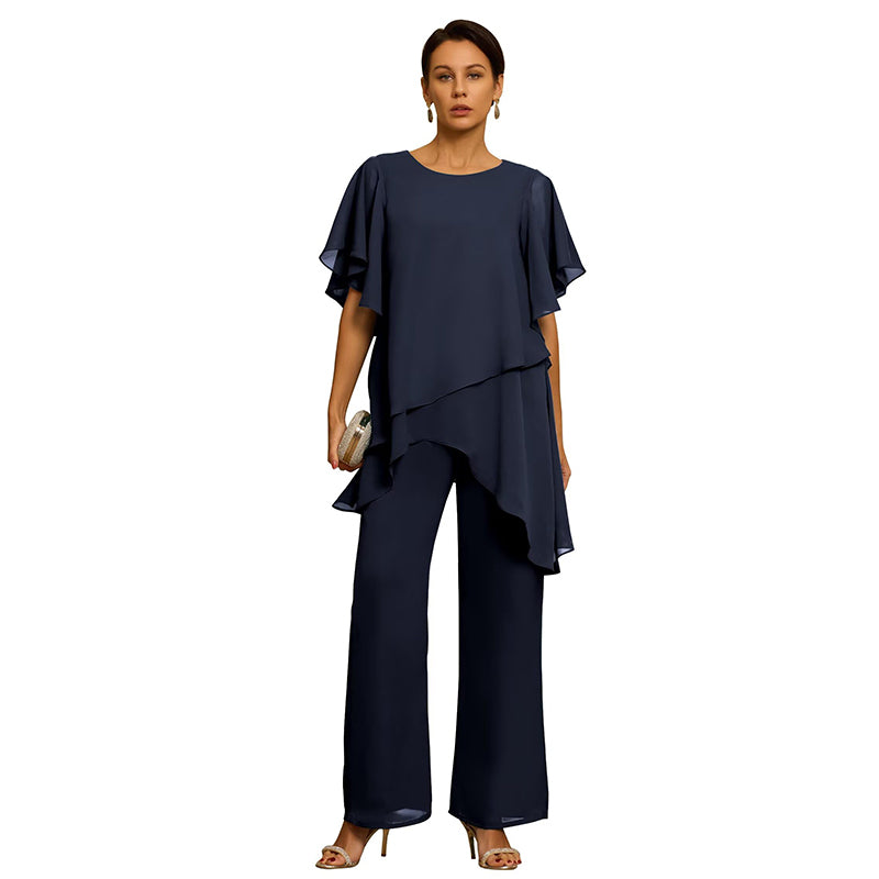 【S-3XL】Elegante Conjunto de Chifón: Top Asimétrico με Volantes y Pantalón Ancho – Look Sofisticado para Eventos
