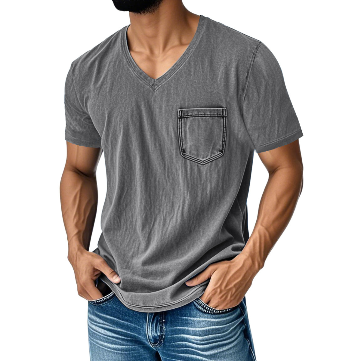 👔 50% de descuento🔥【40-120 kg】Camiseta vaquera informal y holgada con cuello en V y mangas cortas para hombre ✅️Pago contra entrega ✅️2 artículos con un 70% de descuento